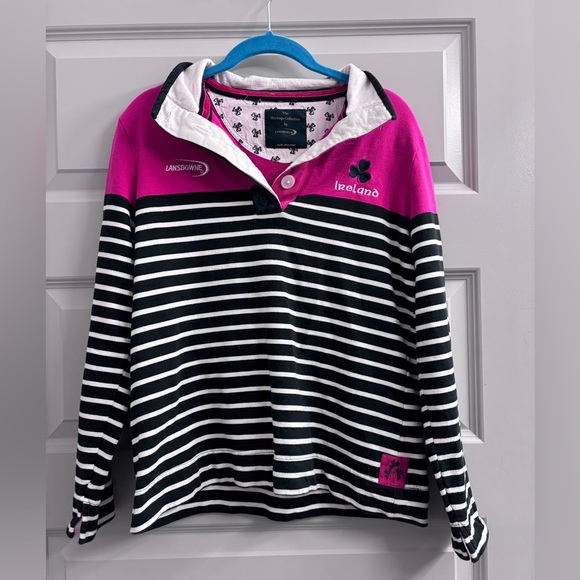 Lansdowne Tops - Lands' End Ireland Striped Rugby Top - Black White Pink